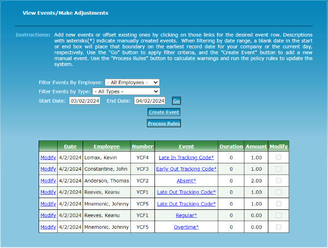 AA Events Adjustments Page